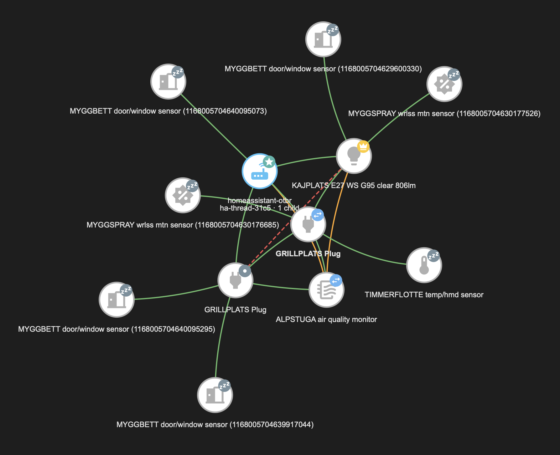 Thread topology: border router, leader bulb, routers and sleepy end devices